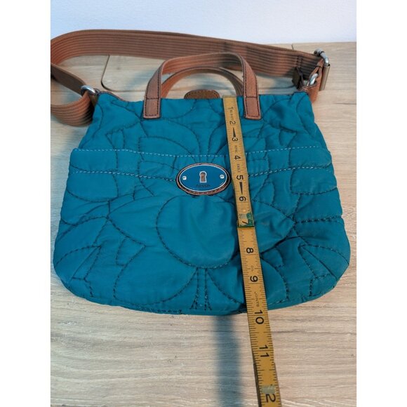 Vintage Fossil Bag Quilted Blue Trimmed In Cow Hide Leather Flaw - Picture 6 of 8